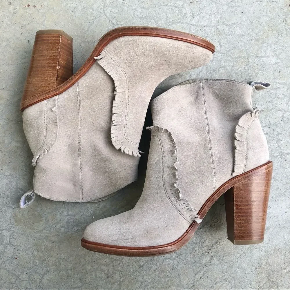 Joie Mathilde suede western ankle boots booties fringe gray off white 9.5
